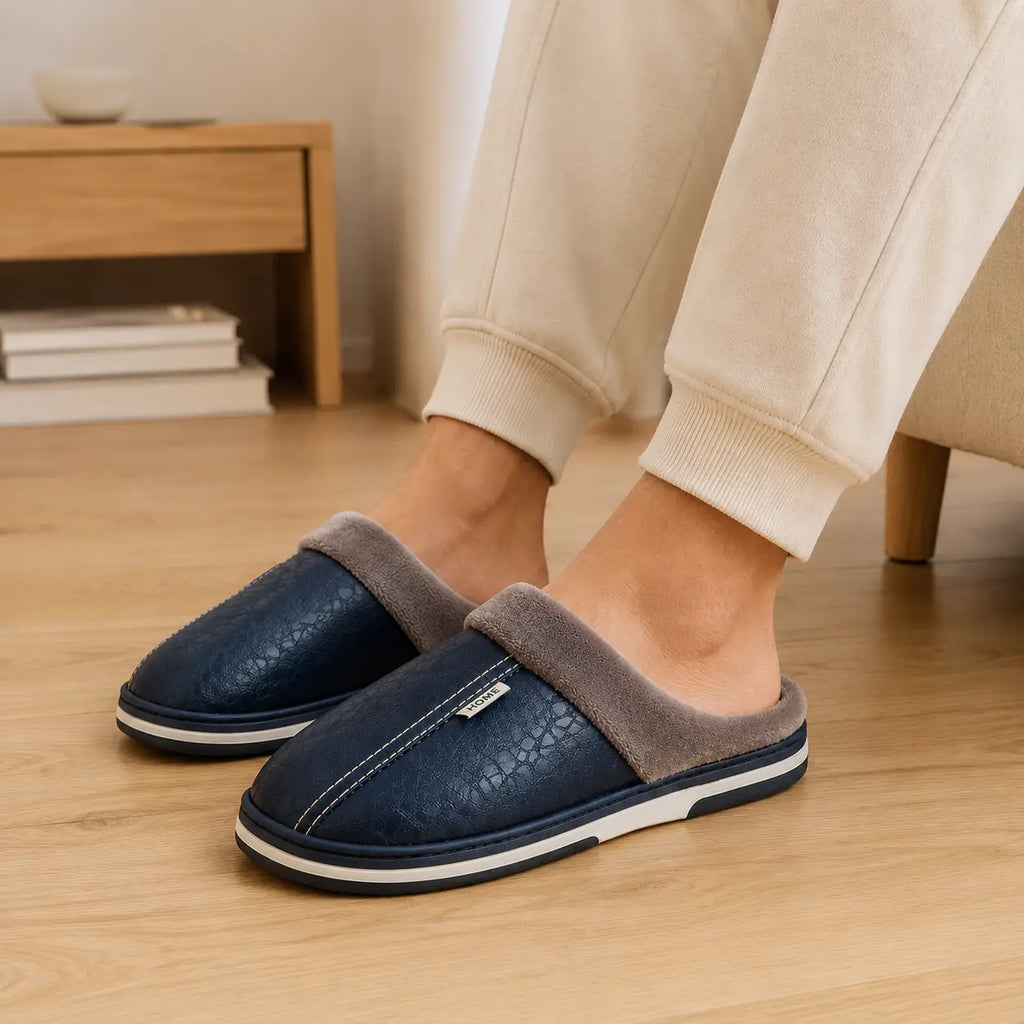 Faux fur lining inside the men's waterproof house slippers