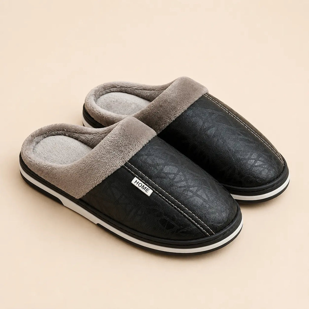 Men's waterproof faux leather house slippers with a full fur lining