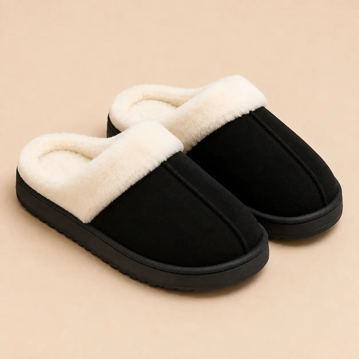 Unisex plush house shoes with a fold down faux fur collar