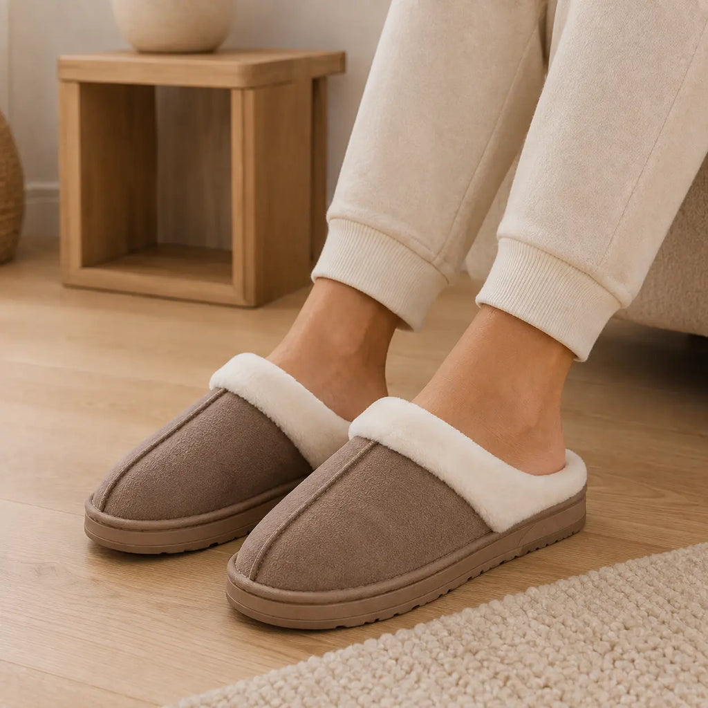 Fold down faux fur collar on the unisex plush house shoes