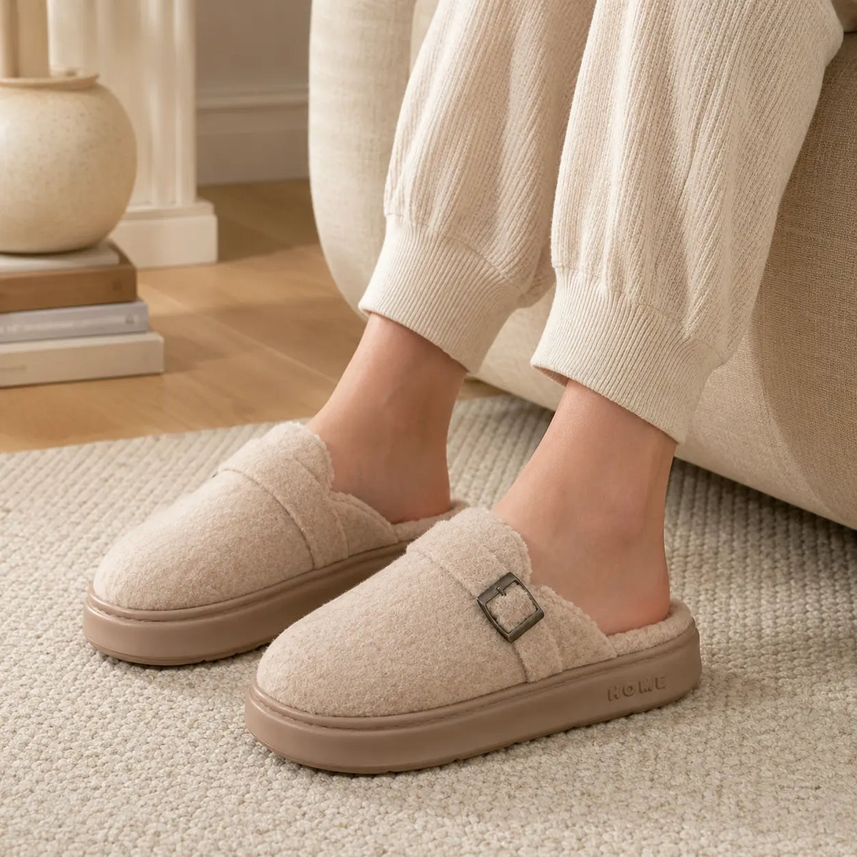 Plain plush upper on the women's soft sole indoor slippers