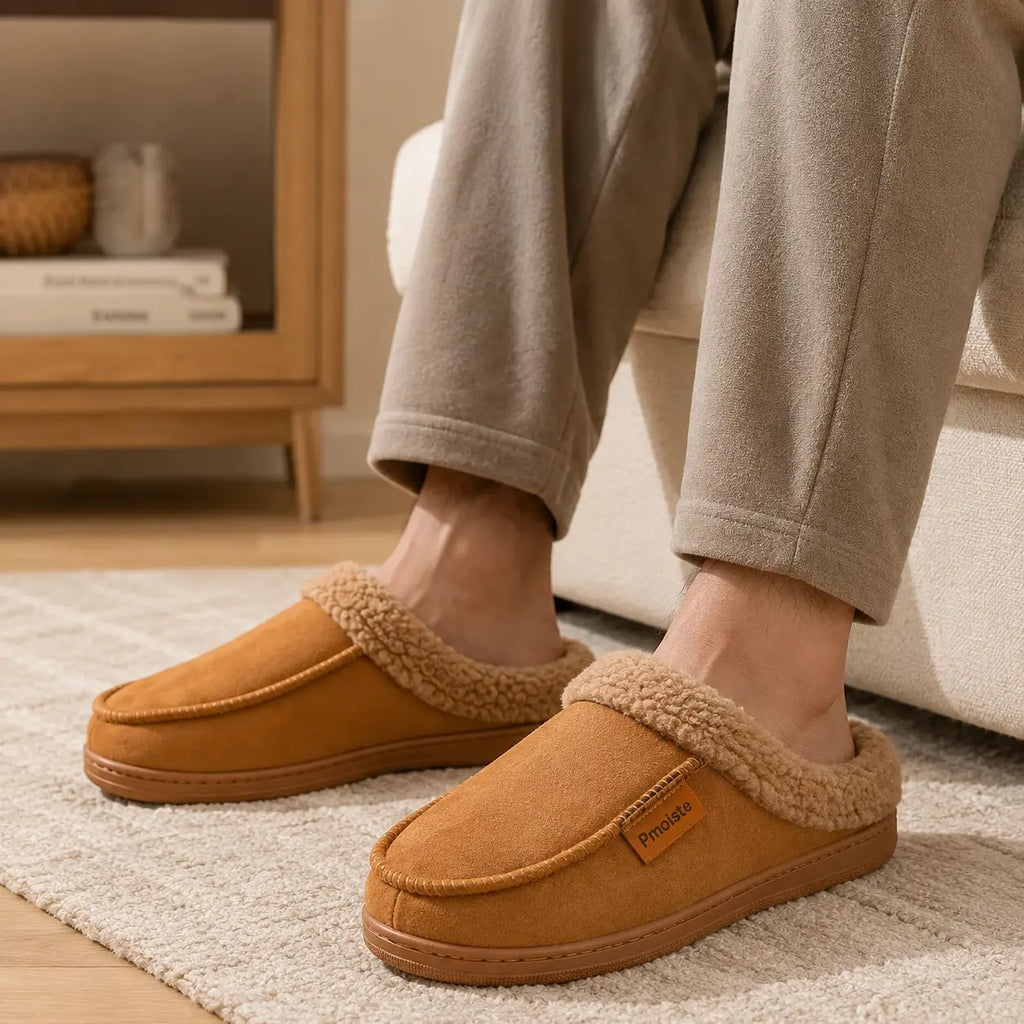 Faux suede upper on the men's fleece lined house slippers