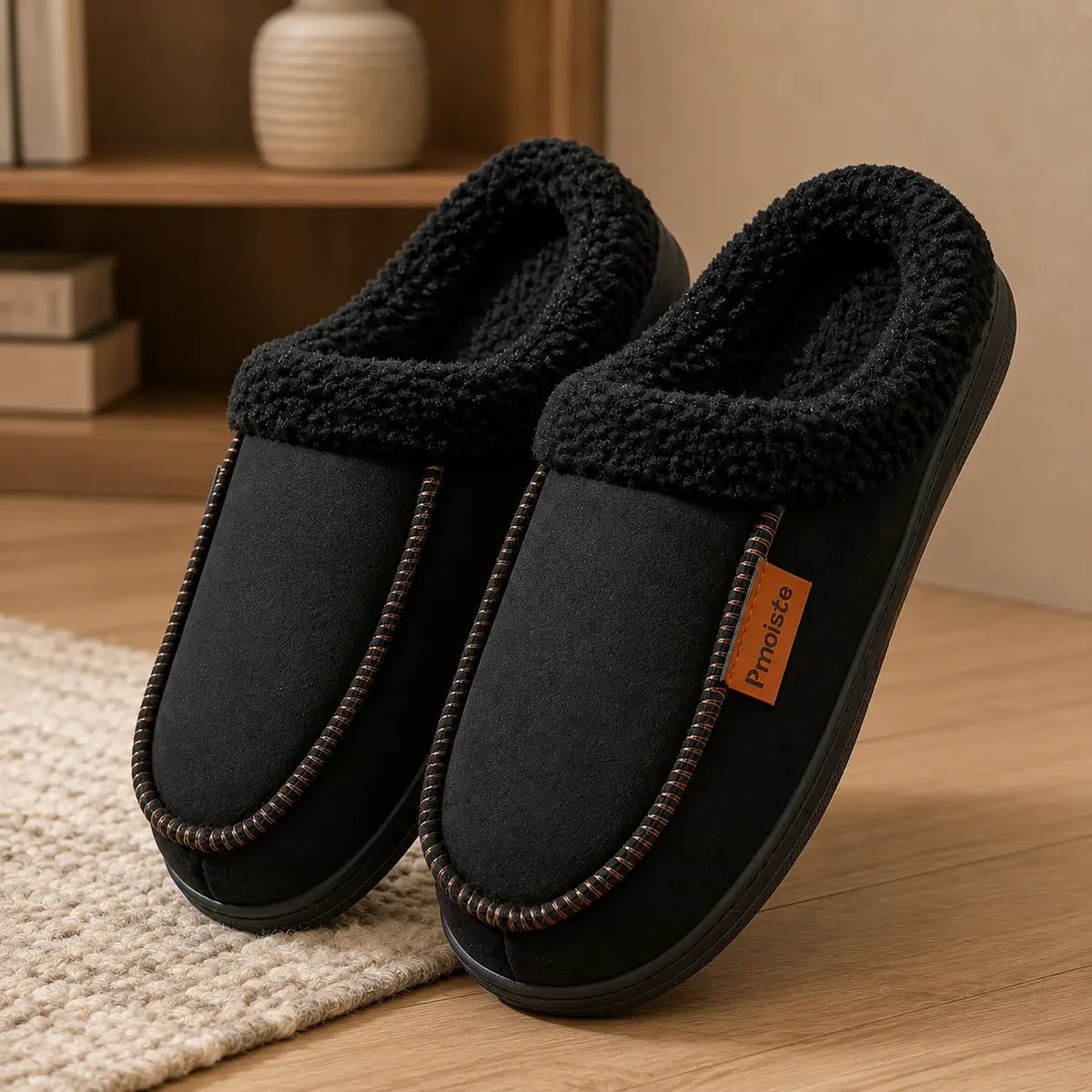 Fleece lining inside the men's faux suede house slippers