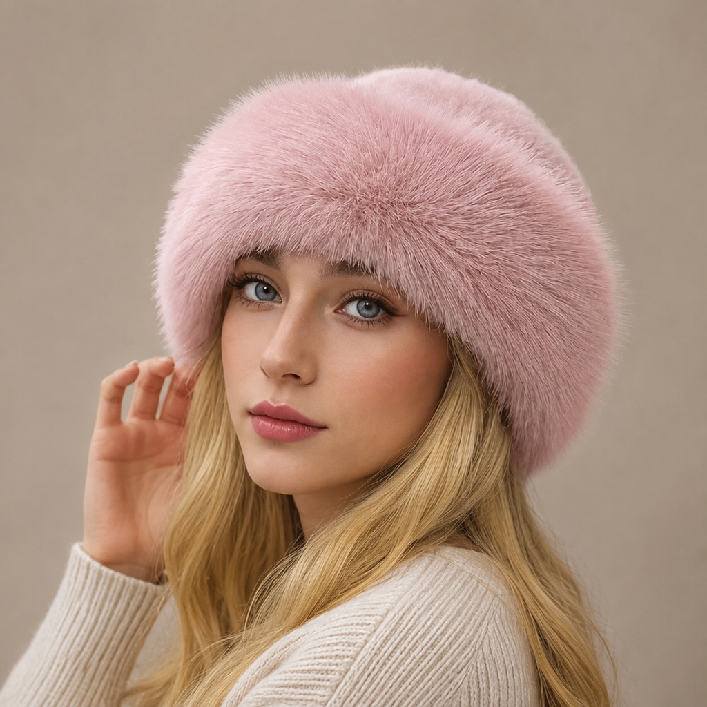 Women's brimless faux fur hat in the Russian cap shape