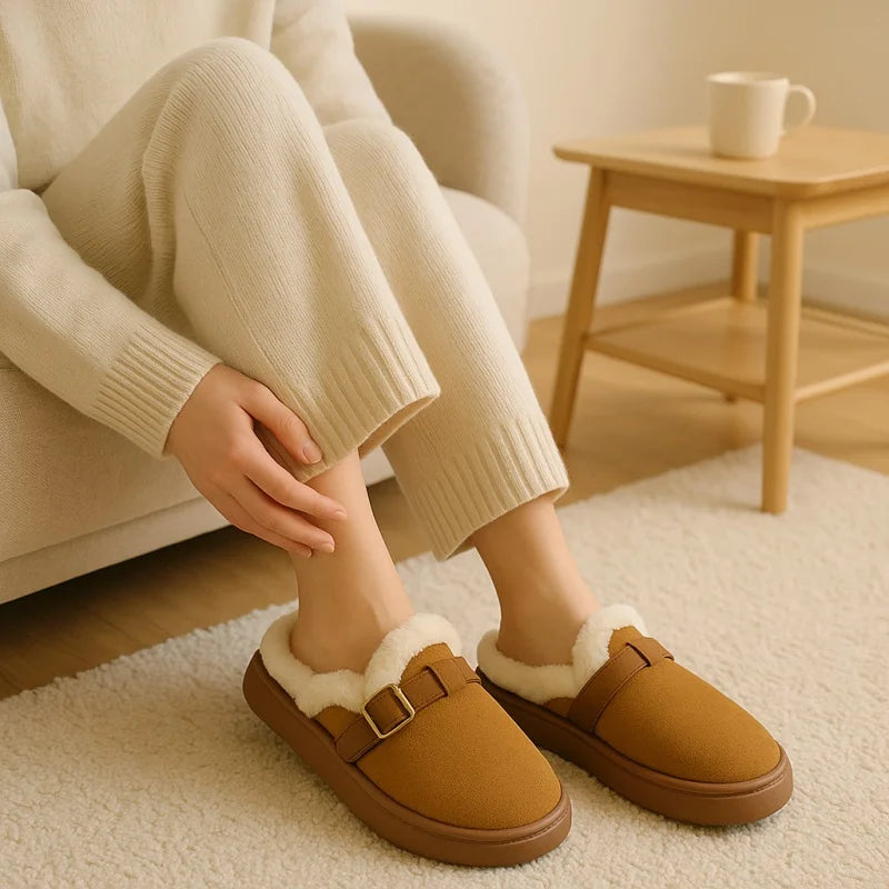 Unisex plush open toe house slippers with a molded non slip sole