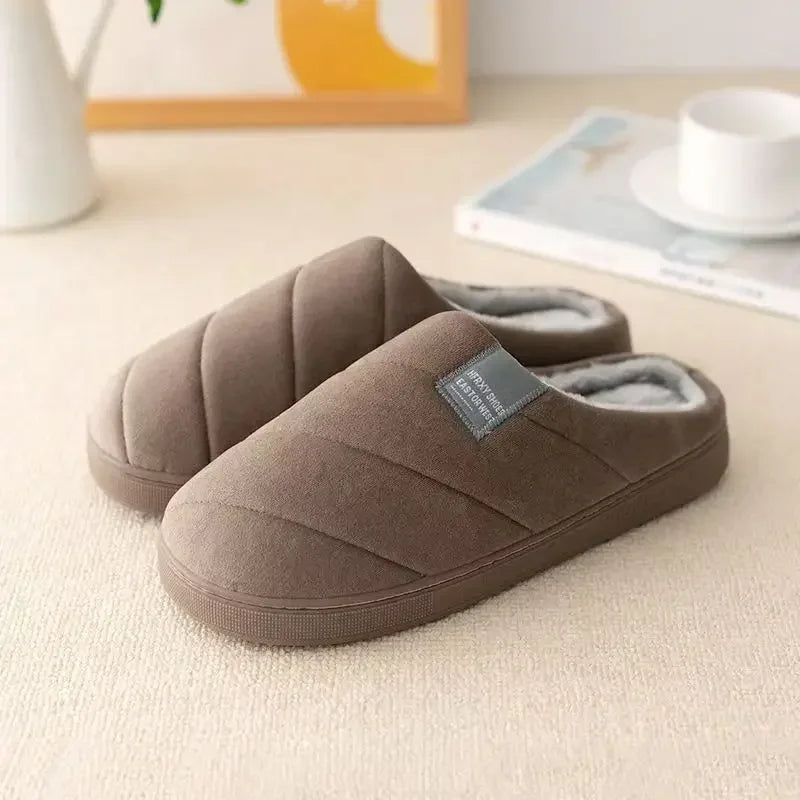 Wide fit plush indoor slippers in blue, gray and coffee