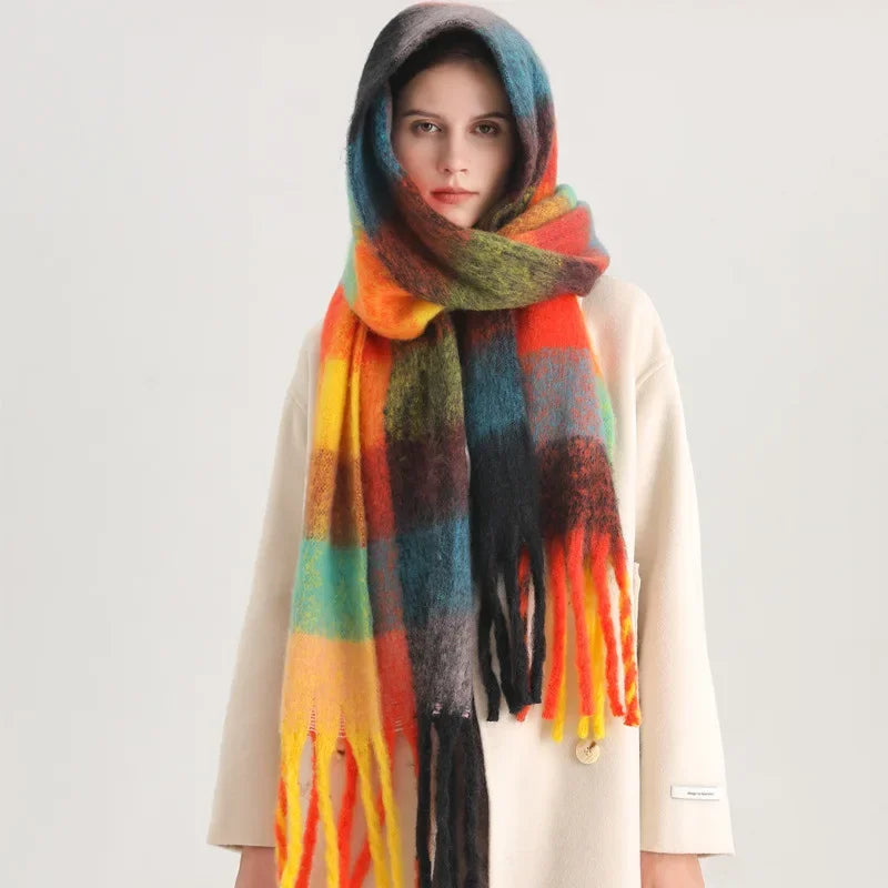 Women's long tartan tassel wrap, one size