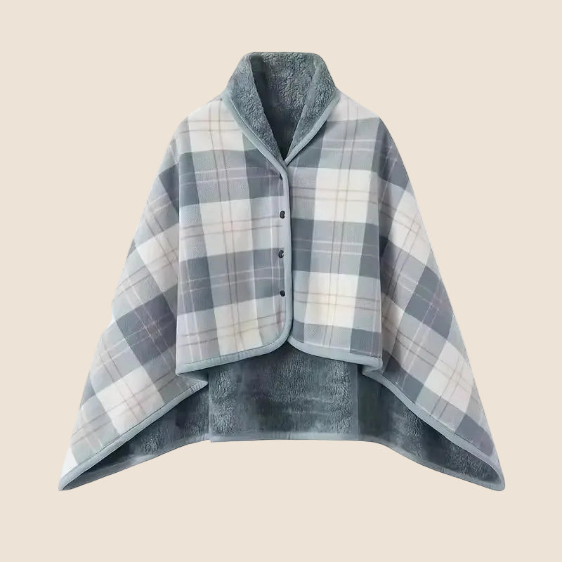 Wearable flannel shawl blanket shaped to stay on the shoulders