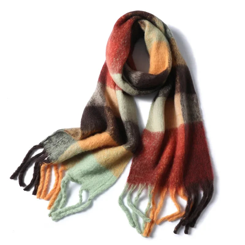 Long plaid scarf wide enough to work as an indoor wrap