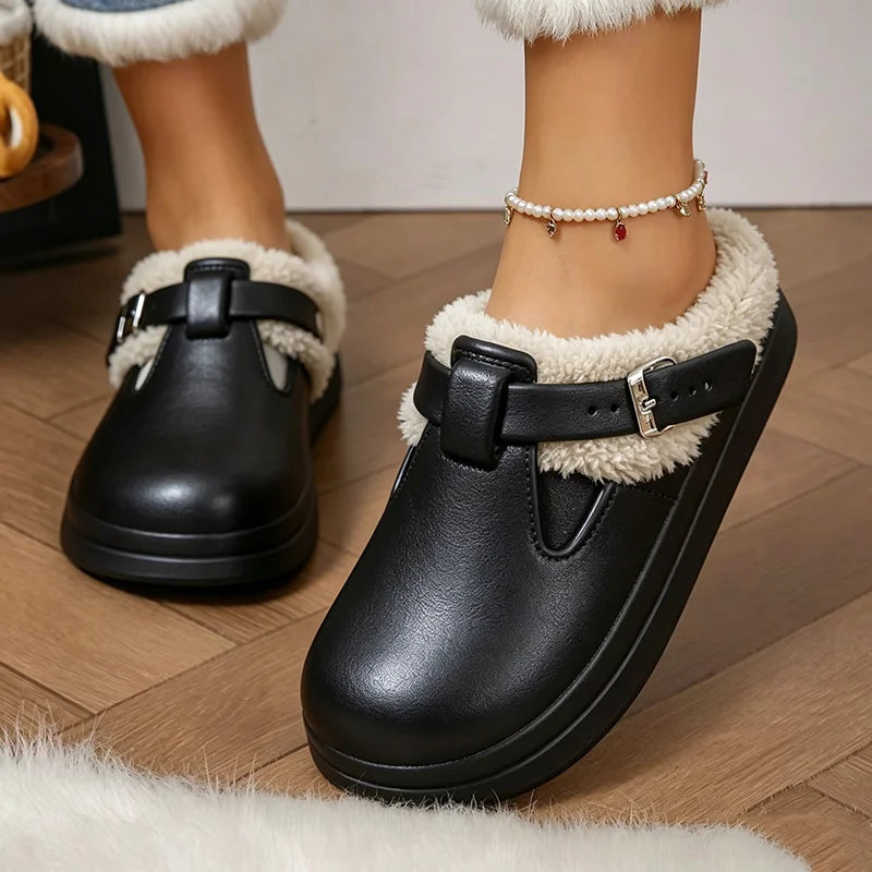 Thick non slip tread on the women's waterproof mule slippers
