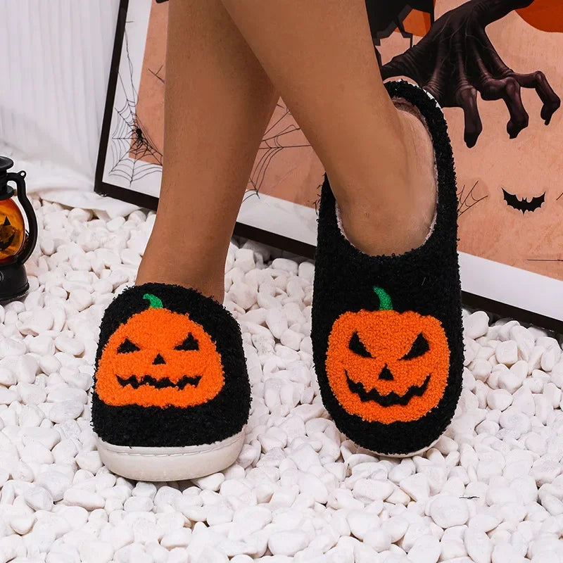 Seasonal plush pumpkin house slippers for women