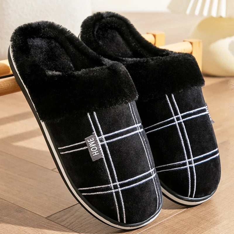 Men's plaid flannel house slippers with a memory foam footbed