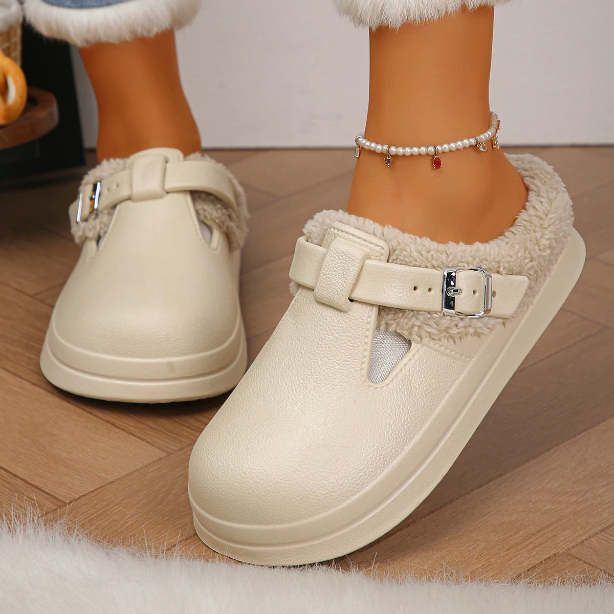 Waterproof EVA body on the women's fur lined mule slippers