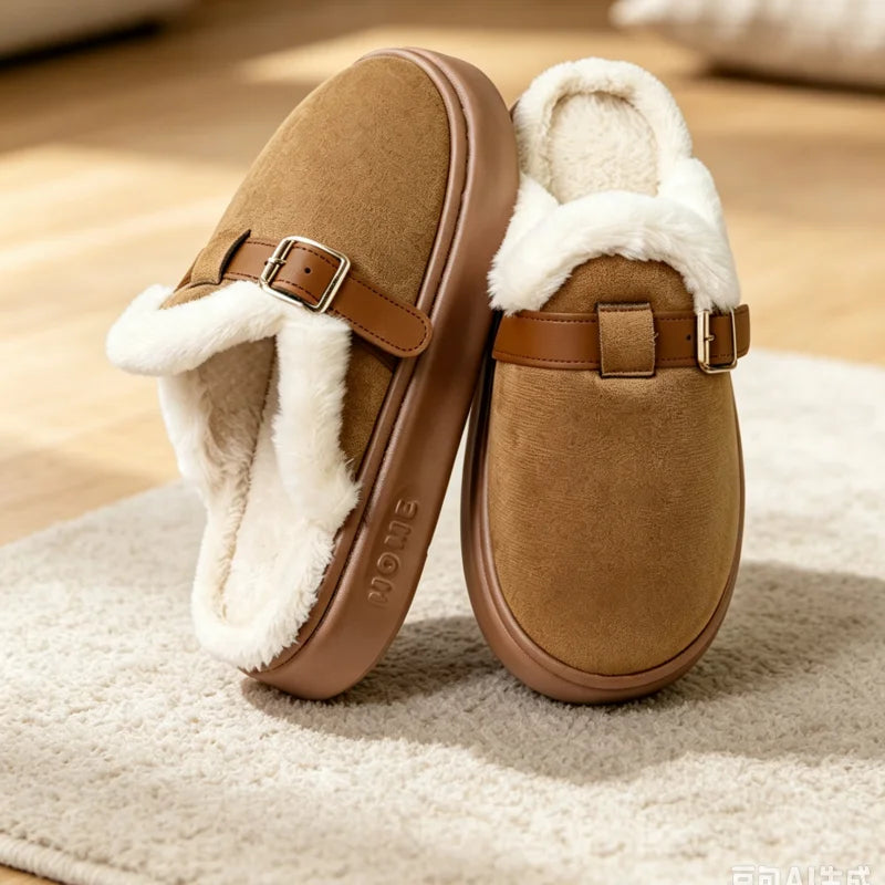 Plush polyester upper on the unisex open toe house slippers