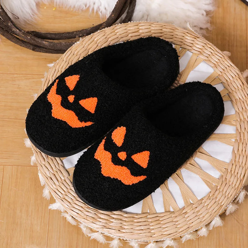 Plush polyester upper on the women's pumpkin house slippers