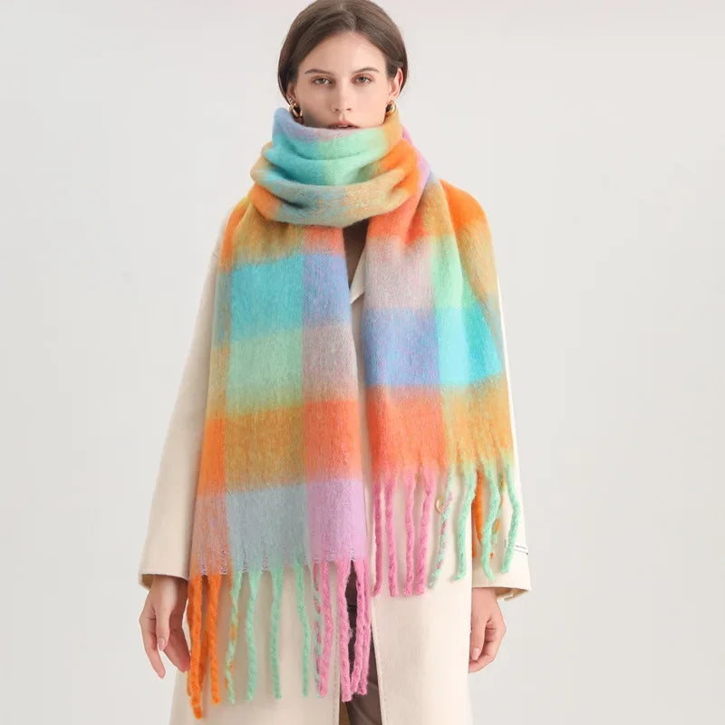 Plaid blanket scarf that goes around twice and still hangs