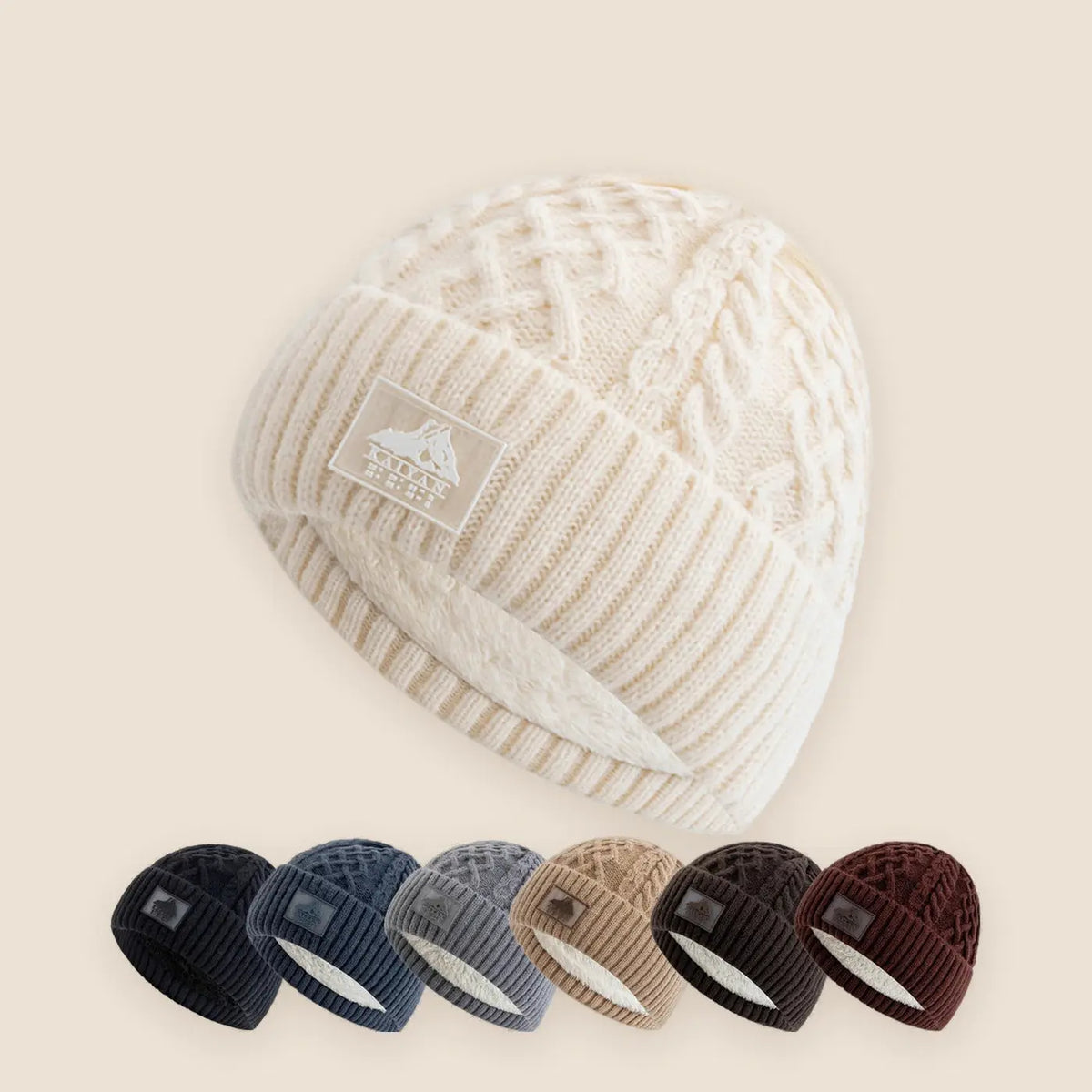 Unisex plush fur lined knit beanie on a warm neutral background