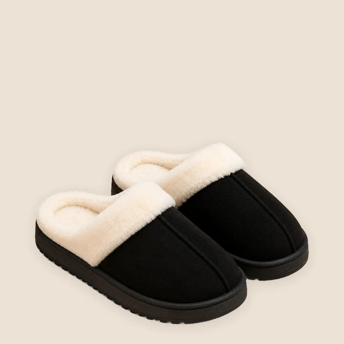 Unisex plush house shoes with fur collar on a warm neutral background
