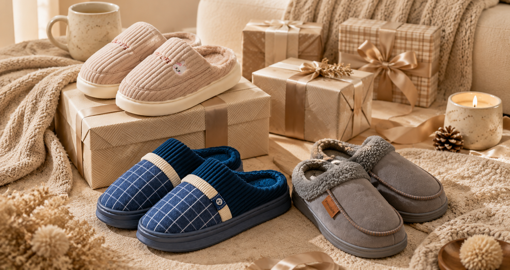 Three pairs of house slippers among wrapped gifts, a candle and a knit blanket